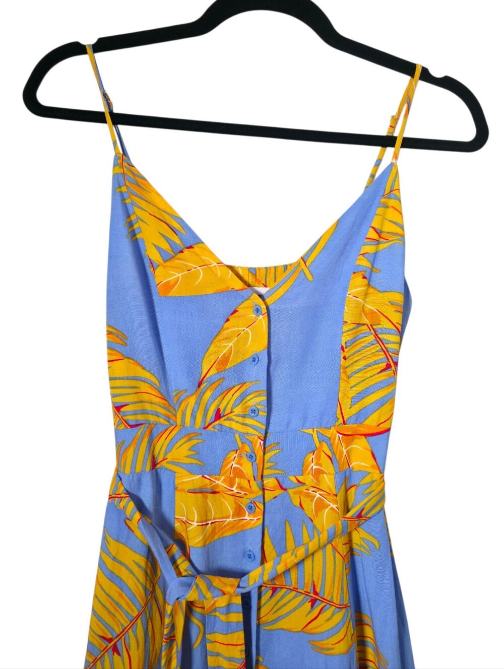 The Editor’s Market Delina Midi Dress Sky Blue Yellow Tropical Palm Print Tie - Picture 3 of 7
